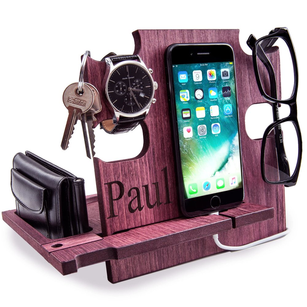 Personalized Docking Station Nightstand Organizer Accessories Essentials Holder Smartphone Support Phone Stand, 5th Traditional for Husband for Men (Rosewood)