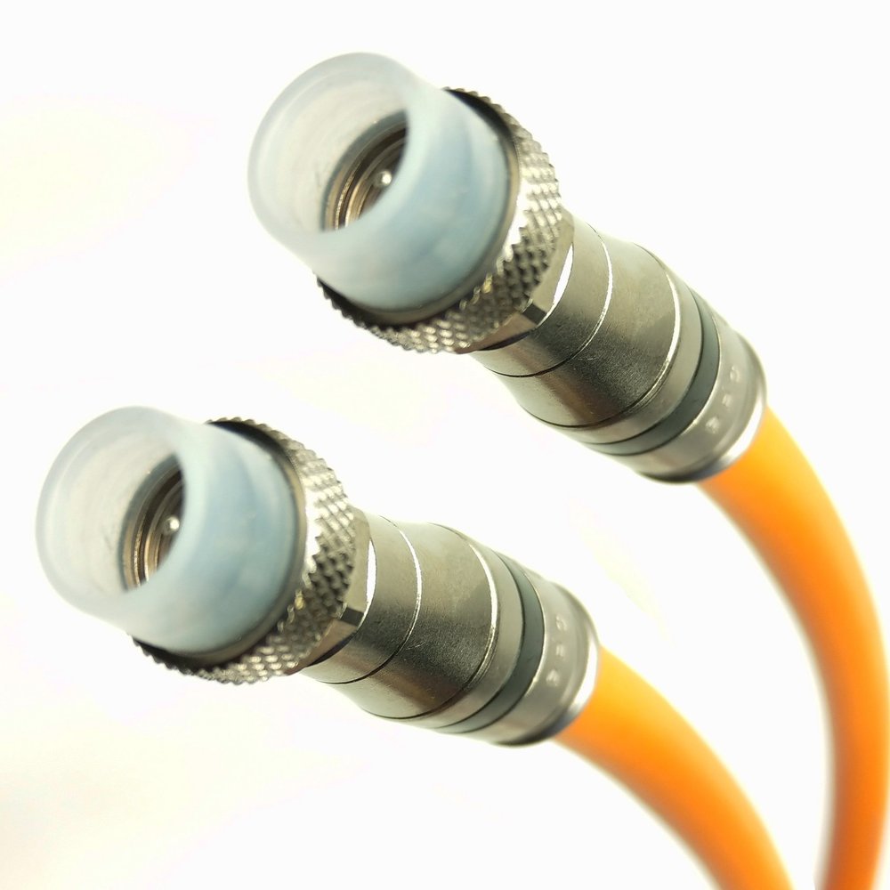 PHAT SATELLITE - Direct Burial Flooded RG11 Coaxial Cable with Weather Boot F-Connectors, 14AWG 75 Ohm, Enhanced Tri-Shield 77% Braid, Assembled in USA (135 feet, Orange)