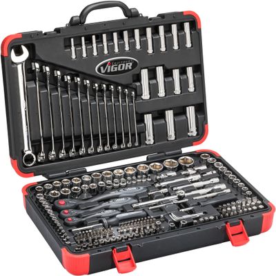 Vigor 1/4" 3/8" and 1/2" Combination Spanner Set, Bits and Socket Spanner for Professional and Home Use 216 Pieces V3277N