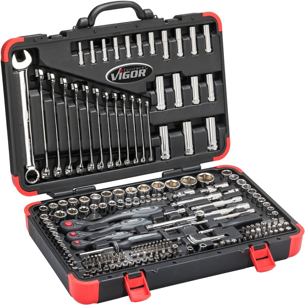 Vigor 1/4" 3/8" and 1/2" Combination Spanner Set, Bits and Socket Spanner for Professional and Home Use 216 Pieces V3277N