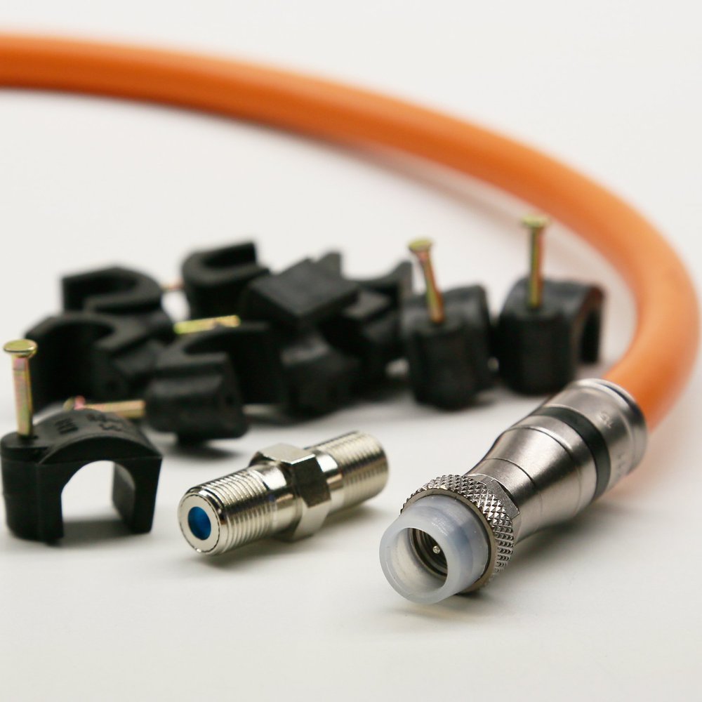 105ft TRI-SHIELD 14AWG 75 Ohm DIRECT BURIAL RG-11 UNDERGROUND COAXIAL CABLE WEATHER BOOT FITTINGS BARREL AND 10 NAIL CLIPS INCLUDED UL ETL CUT TO ORDER AND ASSEMBLED IN USA by PHAT SATELLITE INTL