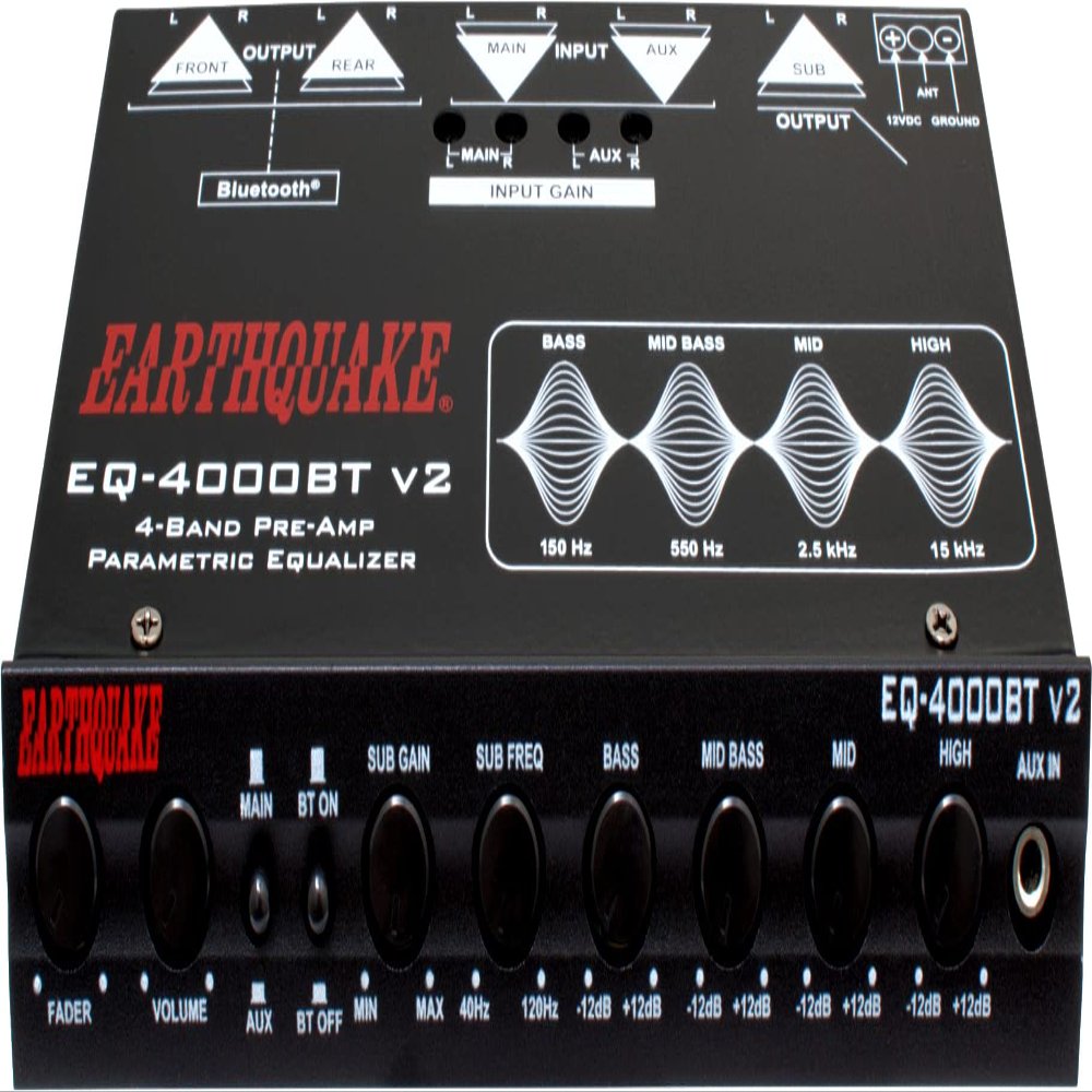 Earthquake Sound EQ-4000BT v2 4-Band 1/2 DIN Pre-Amp Car Audio Graphic Equalizer with RCA, AUX, Mini Jack, and Bluetooth Streaming Ready