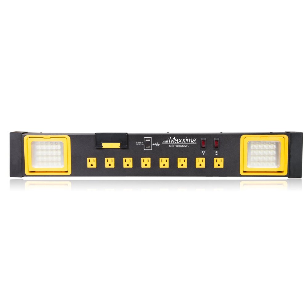 Maxxima 8 Outlet Workshop Heavy Duty Power Station with 2 Port USB and LED Worklight, 1000 Lumens 6000K