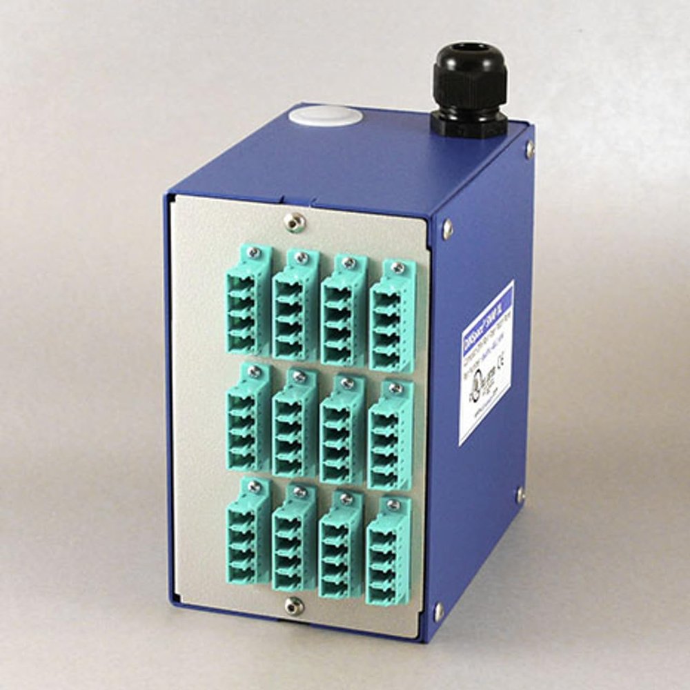 DINSpace Compact Fiber Optic Patch Panel, 12ea. LC/LC OM3/OM3 Multimode Quad Fiber Adapters, Blue Steel, Water Resistant, Includes Splice Tray