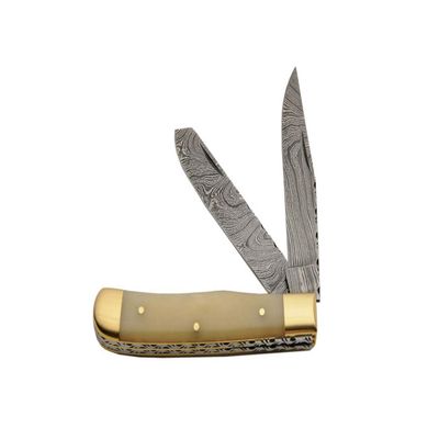 Damascus SANZ Steel Trapper Pocket Knife 4.5"  Handmade EDC Folding Knife with Bone Handle, Dual Blades, Brass Bolsters & Filework  Collectible & Outdoor Camping Knife for Men