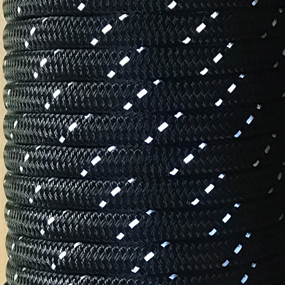 3/8" Premium Double-Yacht Braid Polyester Rope. Sailboat Rigging Line. Made In The U.S.A. (Black w/Reflective Tracers, 200)