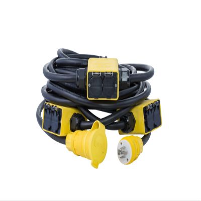 Power Assemblies Quad Box Stringer Assembly Extension, UL Listed/CSA Certified, 50, 20A 12/5 SOOW NEMA 21-20, Outdoor Wetguard Yellow Feed Through with (3) 5-20R and (3) 5-20R GFCI Outlets Boxes