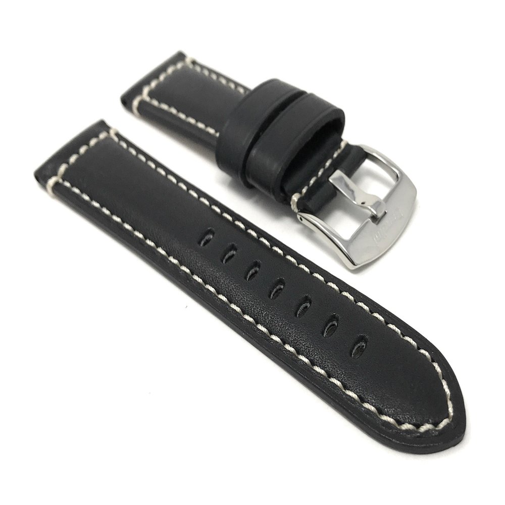 22mm Smartwatch Band Strap fits Motorola 360 (46mm Case), S3 Classic, Fossil Q & Many More, Leather, Black Stainless Steal Buckle