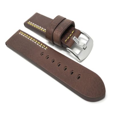 22mm Smartwatch Band Strap fits Motorola 360 (46mm Case), S3 Classic, Fossil Q & Many More, Thick, Leather, Brown Yellow Stitch