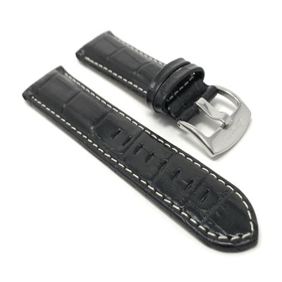 22mm Smartwatch Band Strap fits Motorola 360 (46mm Case), Samsung S3 Classic & Many More, Alligator Pattern, Leather, Black, White Stitch