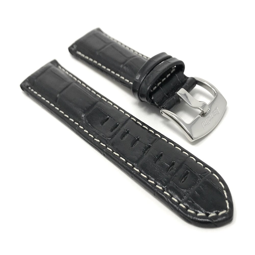 22mm Smartwatch Band Strap fits Motorola 360 (46mm Case), Samsung S3 Classic & Many More, Alligator Pattern, Leather, Black, White Stitch