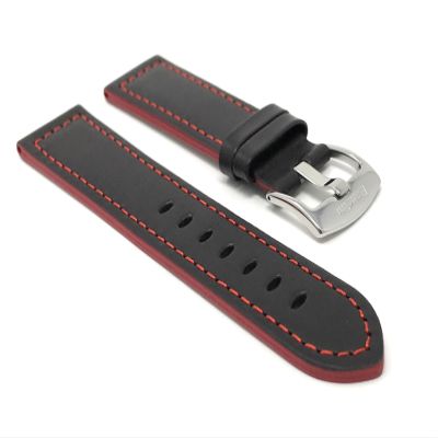 22mm Smartwatch Band Strap fits Motorola 360 (46mm Case), S3 Classic & Many More, Leather, Racer, Black with Red Stitching