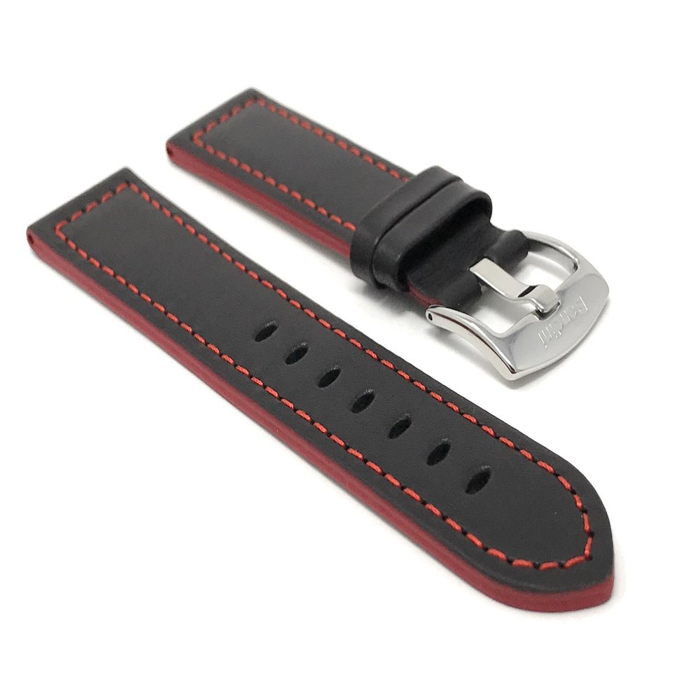 22mm Smartwatch Band Strap fits Motorola 360 (46mm Case), S3 Classic & Many More, Leather, Racer, Black with Red Stitching