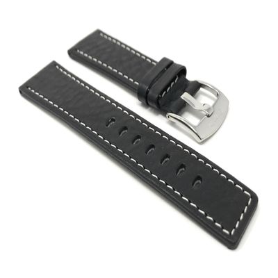 22mm Smartwatch Band Strap fits Motorola 360 (46mm Case), Samsung S3 Classic & Many More, Leather, Black, White Stitch