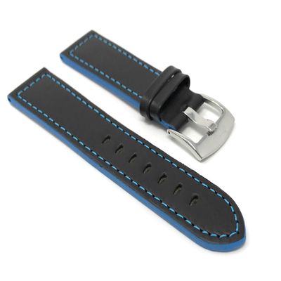 22mm Smartwatch Band Strap fits Motorola 360 (46mm Case), S3 Classic & Many More, Leather, Racer, Black with Blue Stitching