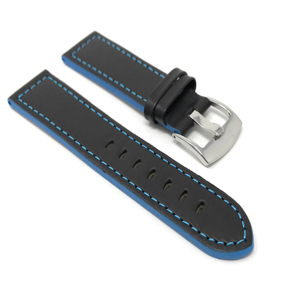 22mm Smartwatch Band Strap fits Motorola 360 (46mm Case), S3 Classic & Many More, Leather, Racer, Black with Blue Stitching