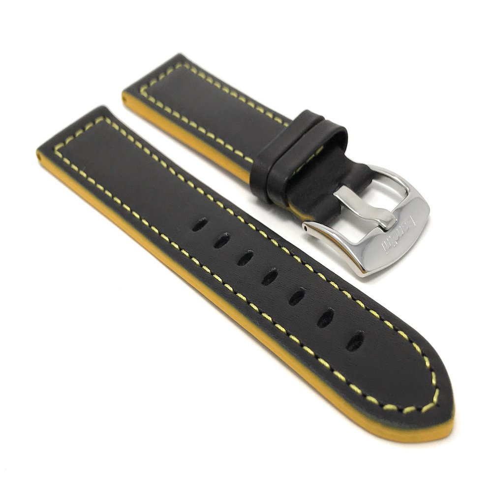 22mm Smartwatch Band Strap fits Motorola 360 (46mm Case), S3 Classic & Many More, Leather, Racer, Black with Yellow Stitching