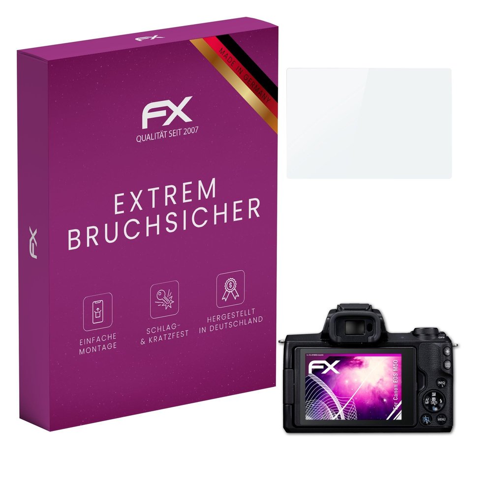 atFoliX Plastic Glass Protective Film compatible with Canon EOS M50, 9H Hybrid-Glass FX Screen Protector