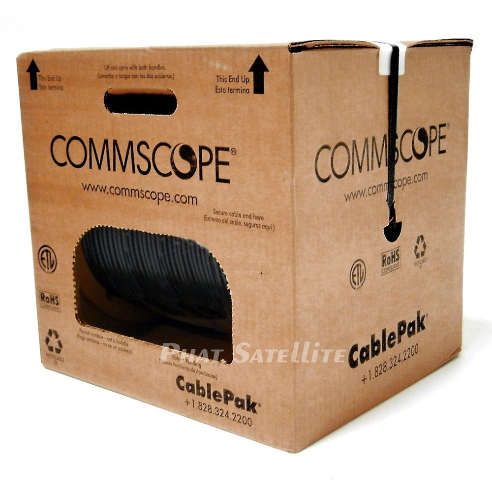 1000ft BLACK MADE IN USA COMMSCOPE F677TSVV TRI-SHIELD RG6 COAXIAL 18AWG 75 OHM SOLID CENTER CONDUCTOR FLAME RETARDANT PVC UL ETL CM CATV RATED INDOOR AUDIO/VIDEO TELECOMMUNICATION BULK COAX CABLE