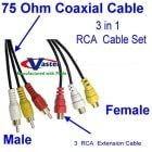 Vaster SuperEcable - 20183 - Three RCA Coaxial Composite TV Audio Video Extension Cable (Male/Female) 10 Ft - 3 PCS/Pack