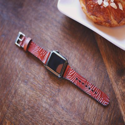 Single Tour Leather Apple Watch band, for 38mm 42mm iwatch band, Palm leaves pattern, Custom made to Order