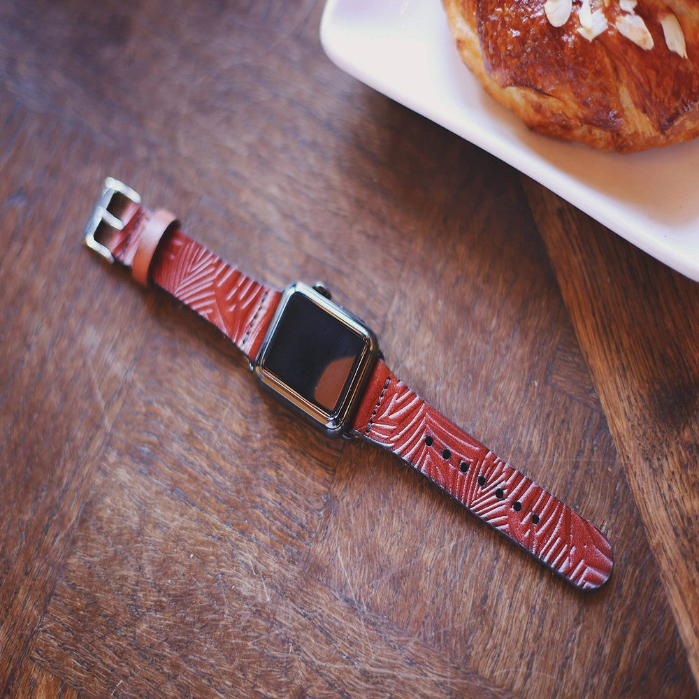 Single Tour Leather Apple Watch band, for 38mm 42mm iwatch band, Palm leaves pattern, Custom made to Order