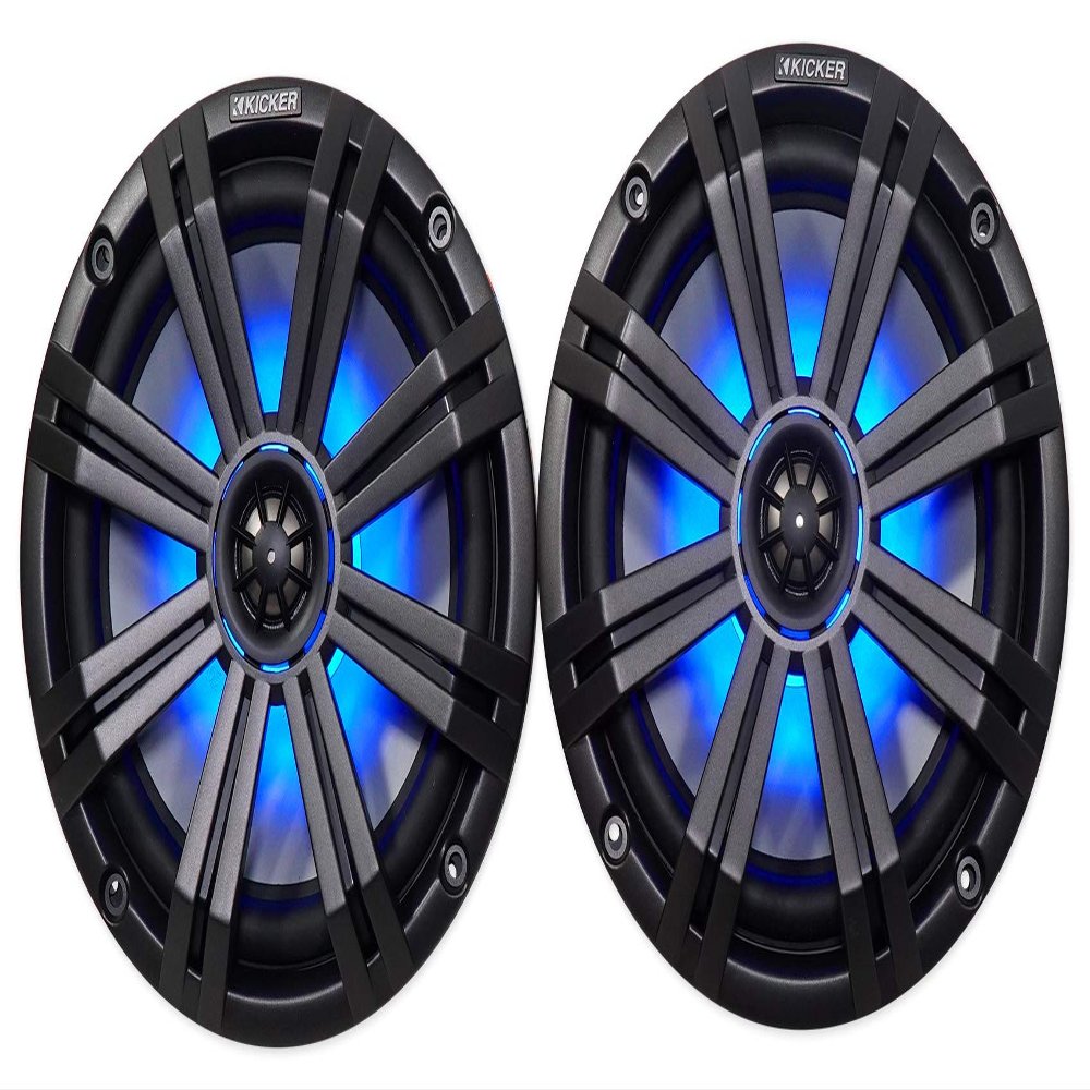 KICKER 45KM84L Waterproof Speakers w/LED's Bundle with Rockville Dual Wakeboard Speaker, MRCA25 RCA Cable,Pin, RMWK8 Waterproof Amp Wire Kit and RXM-F3 4 Channel Amp w/Microphone (7 Items)