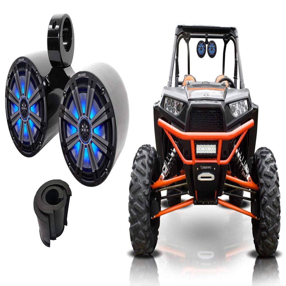 (1) Pair Kicker 45KM84L 8" 600 Watt Boat Speakers LED's KM8 Bundle with (1) Rockville DMAC80B Dual 7.7" Wakeboard Tower Speaker Enclosure and (1) 1.75" Compatible with Polaris RZR Speakers (3 Items)