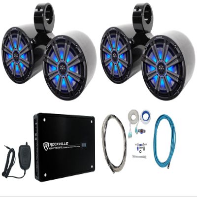 Kicker 45KM84L Waterproof Speakers w/LEDs Bundle with DMAC80B Wakeboard Speaker, Rockville MRCA25 RCA Cable, Pin, RMWK8 Waterproof Amp Wire Kit and RXM-F3 4-Channel Amp w/Microphone (7 Items)