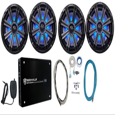 KICKER (4) 45KM84L Waterproof Speakers Bundle with Rockville MRCA25 Pair Marine RCA Cable, Split Pin, RMWK8 Waterproof Marine Amp Wire Kit and RXM-F3 Amp+PA Mic (5 Items)