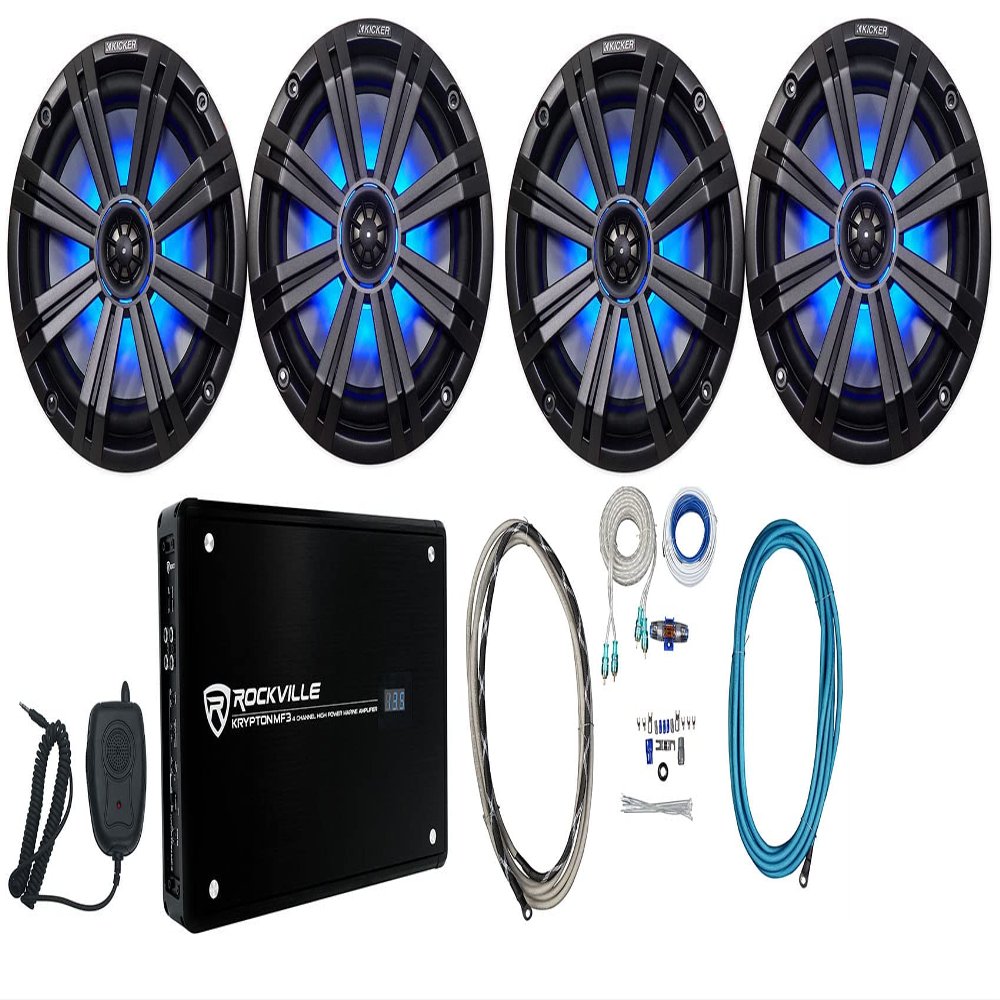 KICKER (4) 45KM84L Waterproof Speakers Bundle with Rockville MRCA25 Pair Marine RCA Cable, Split Pin, RMWK8 Waterproof Marine Amp Wire Kit and RXM-F3 Amp+PA Mic (5 Items)
