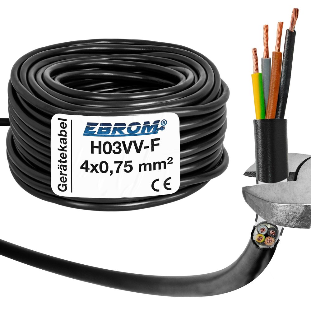 EBROM Cble LED Rond en Plastique H03VV-F 4 x 0,75 mm (4G0,75) Couleur : Noir 10/15/20/25/30/35/40/45/50/55/60 m, etc. jusqu' 250 m par tranches de 5 mtres