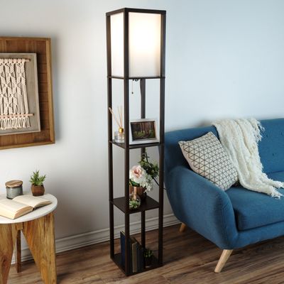 Lavish Home Floor Lamp Etagere Style Standing Light with 3 Tiers of Storage Shelving for Accent Dcor Organization Display Shelf Lighting (Brown)
