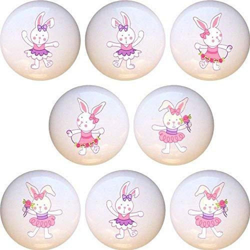 SET OF 8 KNOBS - Ballerina Bunnies Bunny Rabbit - DECORATIVE Glossy CERAMIC Cupboard Cabinet PULLS Dresser Drawer KNOBS