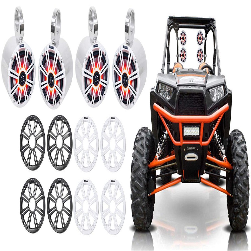 KICKER (2) 45KM654L 6.5" 390w Marine LED Speakers w/Charcoal with White Grilles KM65 Bundle with 2 Rockville 6.5" Polished Silver Aluminum Wakeboard Tower Speaker Enclosures