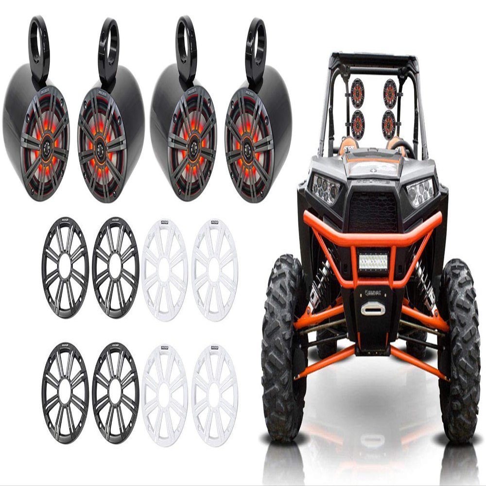 KICKER (2) 45KM654L 6.5" 390w Marine LED Speakers w/Charcoal with White Grilles KM65 Bundle with 2 Rockville MAC65B 6.5" Black Aluminum Wakeboard Tower Speaker Pod Enclosures