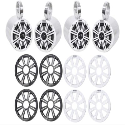 KICKER Pair 45KM654 6.5" 390w Marine Boat Speakers KM65 w/Charcoal with White Grilles Bundle with 2 Rockville 6.5" Polished Silver Aluminum Wakeboard Tower Speaker Enclosures