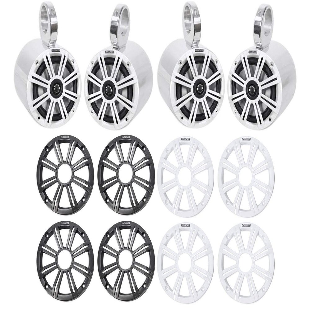 KICKER Pair 45KM654 6.5" 390w Marine Boat Speakers KM65 w/Charcoal with White Grilles Bundle with 2 Rockville 6.5" Polished Silver Aluminum Wakeboard Tower Speaker Enclosures
