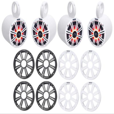 (2) KICKER 45KM654L 6.5" 390w Marine LED Speakers w/Charcoal with White Grilles KM65 Bundle with Pair Rockville MAC65W 6.5" White Aluminum Wakeboard Tower Speaker Pod Enclosures