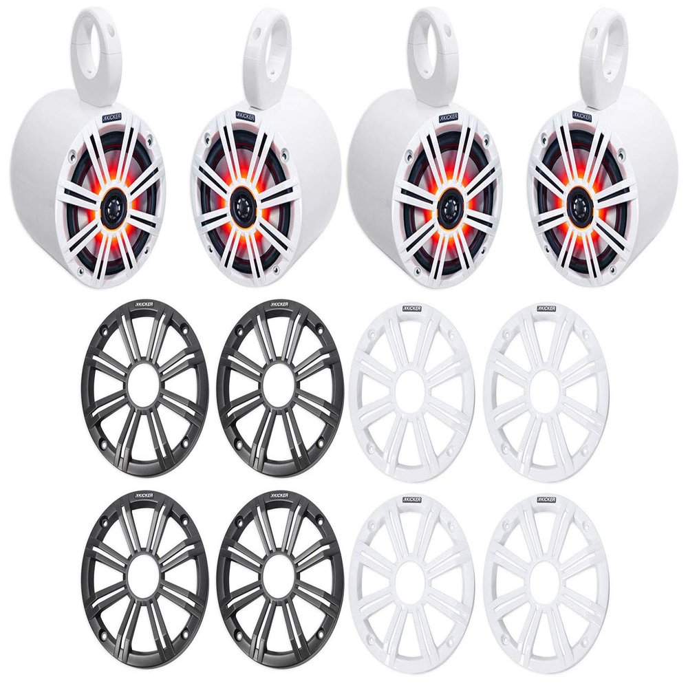 (2) KICKER 45KM654L 6.5" 390w Marine LED Speakers w/Charcoal with White Grilles KM65 Bundle with Pair Rockville MAC65W 6.5" White Aluminum Wakeboard Tower Speaker Pod Enclosures