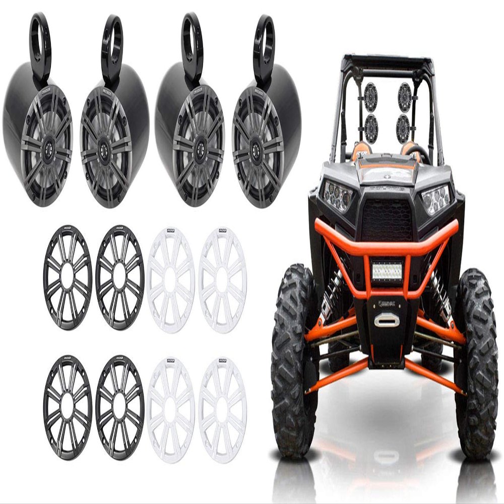 KICKER Pair 45KM654 6.5" 390w Marine Boat Speakers KM65 w/Charcoal with White Grilles Bundle with 2 Rockville MAC65B 6.5" Black Aluminum Wakeboard Tower Speaker Pod Enclosures