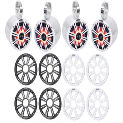 KICKER (2) 45KM654L 6.5" 390w Marine LED Speakers w/Charcoal with White Grilles KM65 Bundle with 2 Rockville 6.5" Polished Silver Aluminum Wakeboard Tower Speaker Enclosures