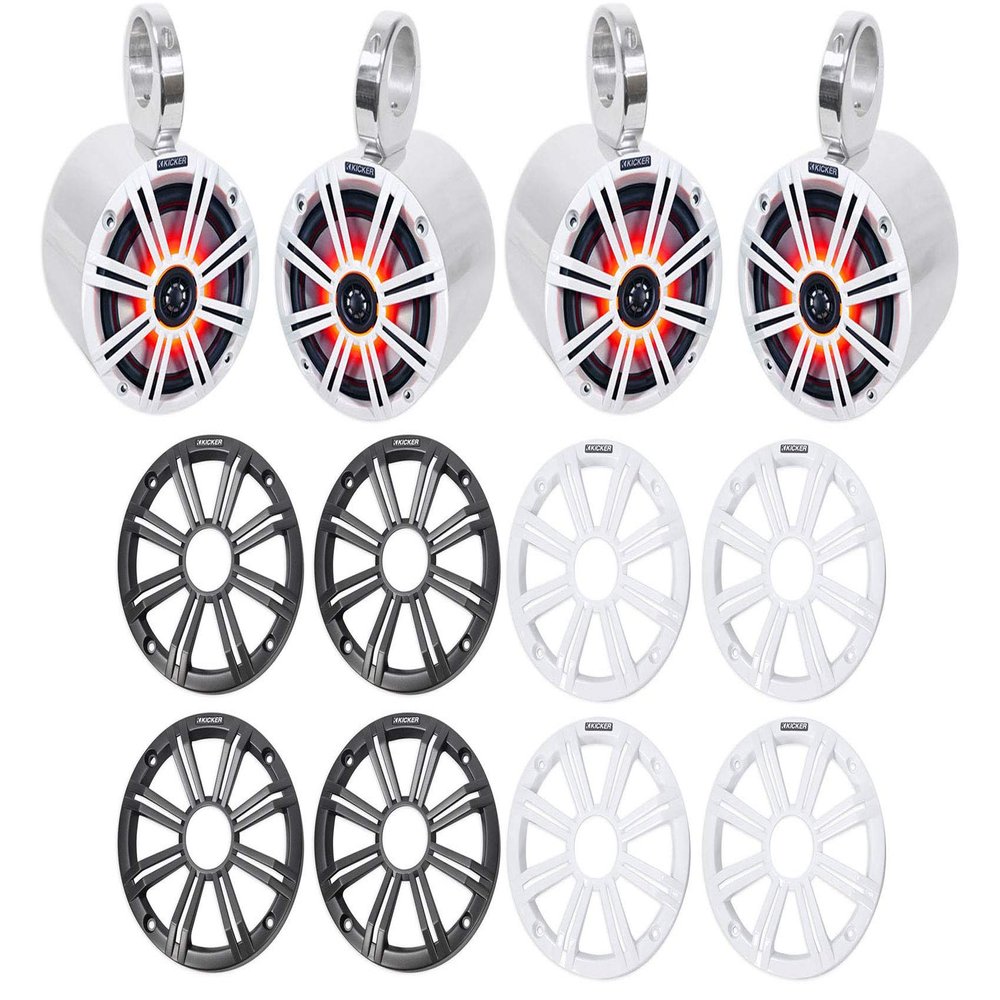 KICKER (2) 45KM654L 6.5" 390w Marine LED Speakers w/Charcoal with White Grilles KM65 Bundle with 2 Rockville 6.5" Polished Silver Aluminum Wakeboard Tower Speaker Enclosures