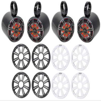 KICKER (2) 45KM654L 6.5" 390w Marine LED Speakers w/Charcoal with White Grilles KM65 Bundle with 2 Rockville MAC65B 6.5" Black Aluminum Wakeboard Tower Speaker Pod Enclosures