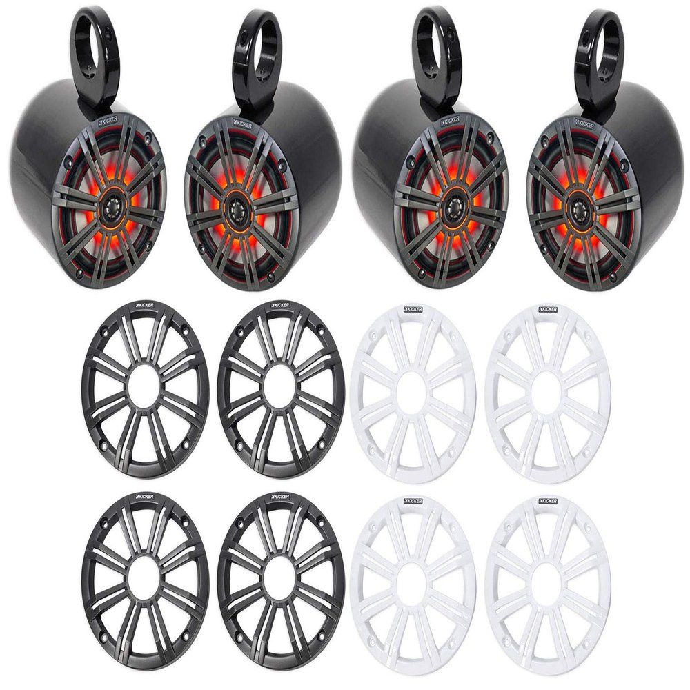 KICKER (2) 45KM654L 6.5" 390w Marine LED Speakers w/Charcoal with White Grilles KM65 Bundle with 2 Rockville MAC65B 6.5" Black Aluminum Wakeboard Tower Speaker Pod Enclosures