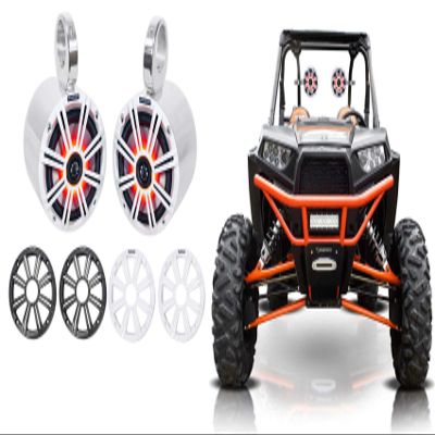 (2) Kicker 45KM654L 6.5" 390w Marine LED Speakers w/Charcoal with White Grilles KM65 Bundle with 2 Rockville 6.5" Polished Silver Aluminum Wakeboard Tower Speaker Enclosures
