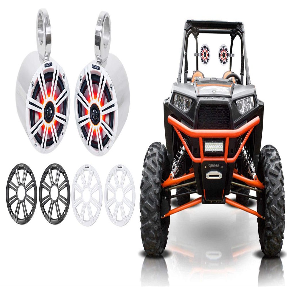(2) Kicker 45KM654L 6.5" 390w Marine LED Speakers w/Charcoal with White Grilles KM65 Bundle with 2 Rockville 6.5" Polished Silver Aluminum Wakeboard Tower Speaker Enclosures