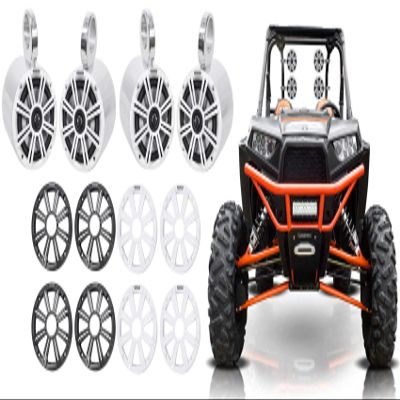KICKER Pair 45KM654 6.5" 390w Marine Boat Speakers KM65 w/Charcoal with White Grilles Bundle with 2 Rockville 6.5" Polished Silver Aluminum Wakeboard Tower Speaker Enclosures