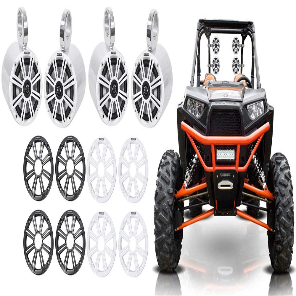 KICKER Pair 45KM654 6.5" 390w Marine Boat Speakers KM65 w/Charcoal with White Grilles Bundle with 2 Rockville 6.5" Polished Silver Aluminum Wakeboard Tower Speaker Enclosures