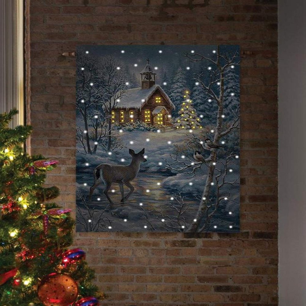CC Home Furnishings Blue and White Chapel in The Snow Fiber Optic LED Lights Wall Decor 26" x 36"